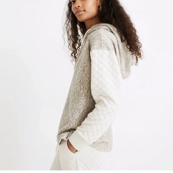 Madewell Oversized Hoodie Heathered Gray & Cream with Quilted Sleeves - Picture 12 of 12